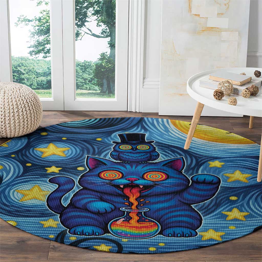 Trippy Cat and Owl Round Carpet Starry Psychedelic Vibes - Wonder Print Shop