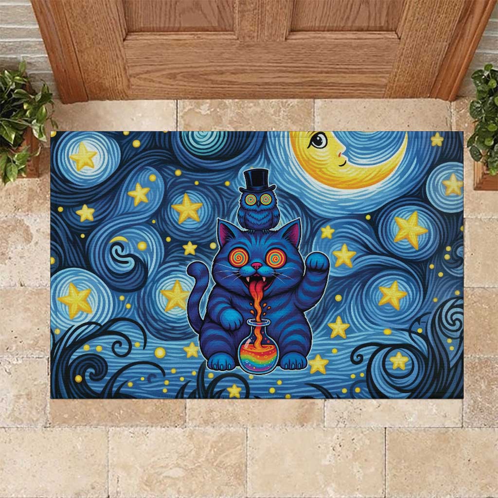 Trippy Cat and Owl Rubber Doormat Starry Psychedelic Vibes - Wonder Print Shop