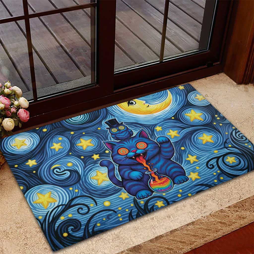 Trippy Cat and Owl Rubber Doormat Starry Psychedelic Vibes - Wonder Print Shop