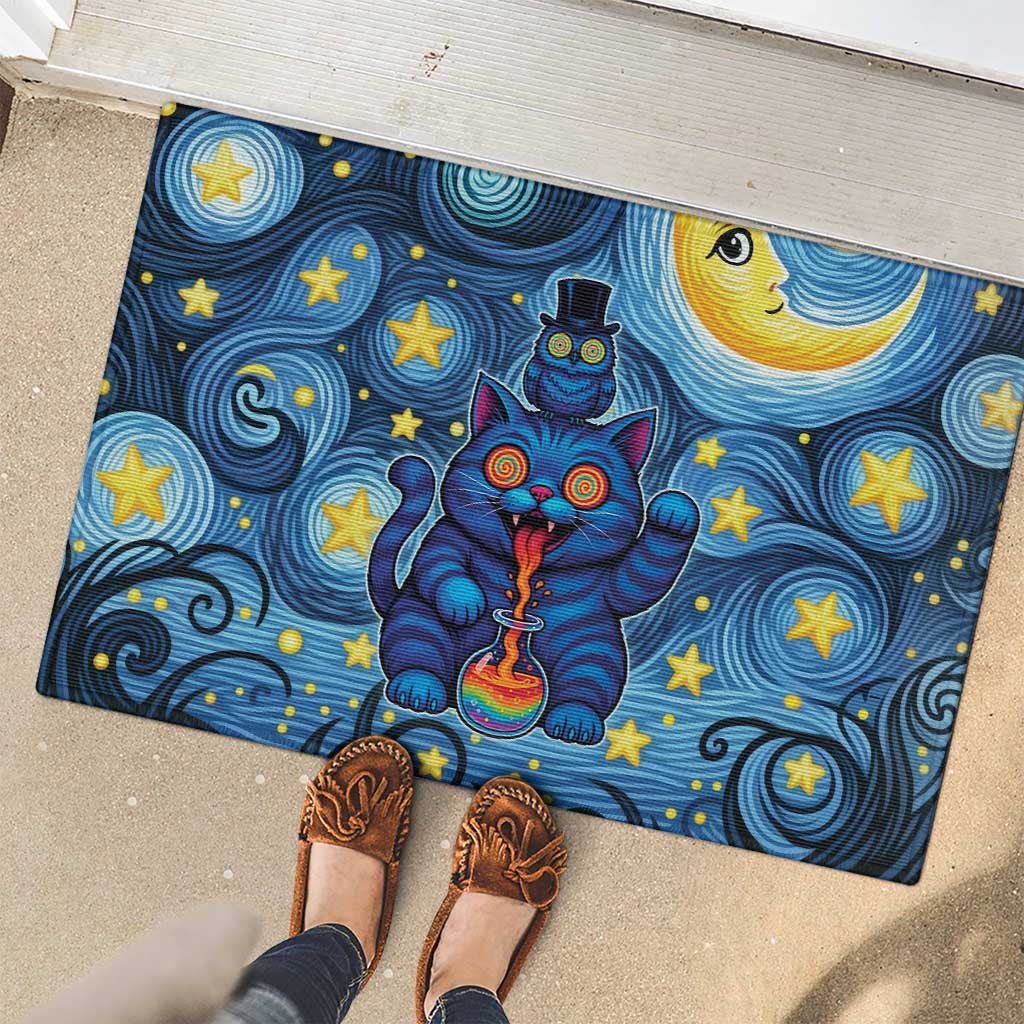 Trippy Cat and Owl Rubber Doormat Starry Psychedelic Vibes - Wonder Print Shop