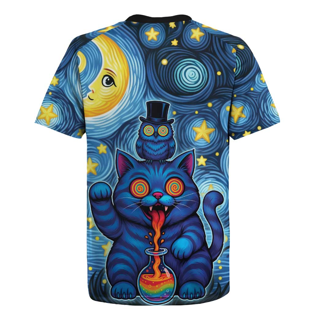 Trippy Cat and Owl Rugby Jersey Starry Psychedelic Vibes - Wonder Print Shop