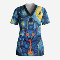 Trippy Cat and Owl Scrub Top Starry Psychedelic Vibes - Wonder Print Shop
