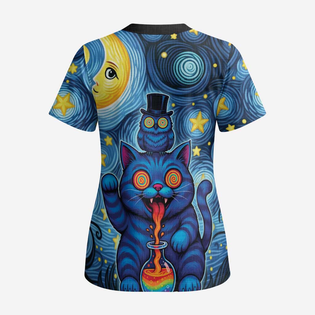Trippy Cat and Owl Scrub Top Starry Psychedelic Vibes - Wonder Print Shop