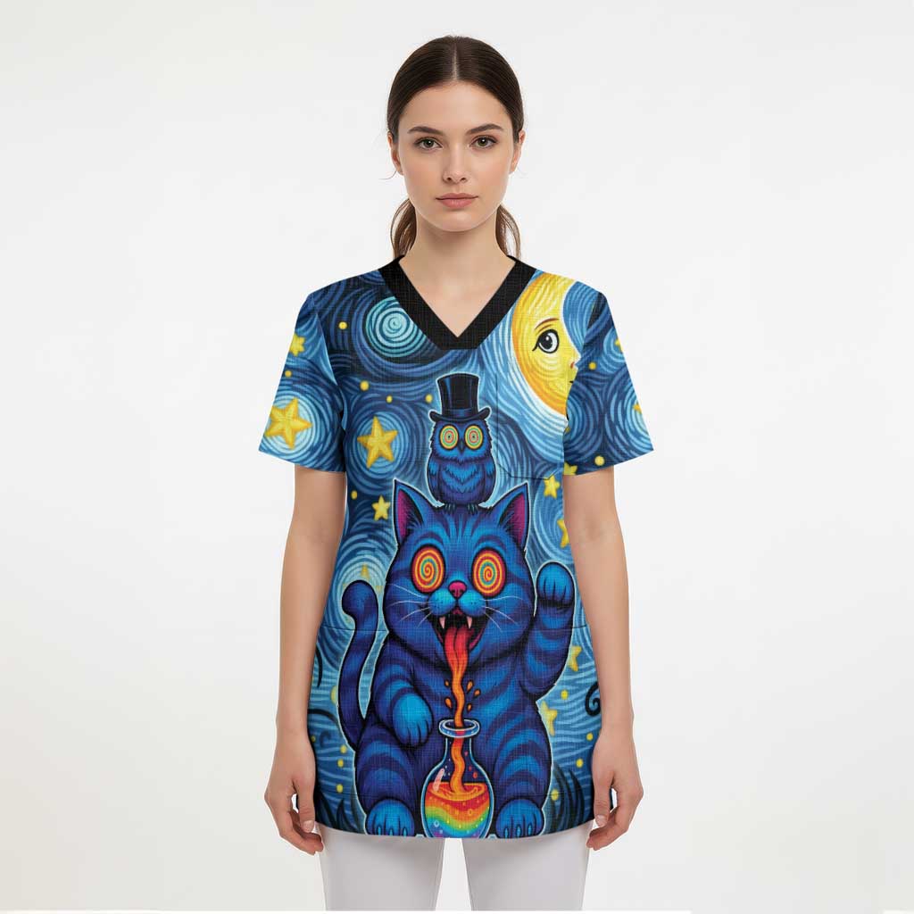 Trippy Cat and Owl Scrub Top Starry Psychedelic Vibes - Wonder Print Shop