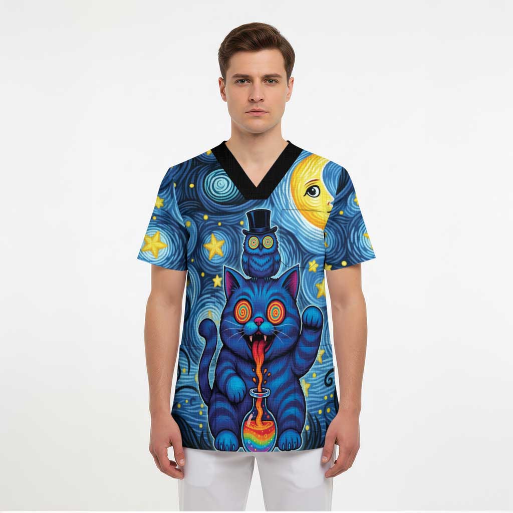 Trippy Cat and Owl Scrub Top Starry Psychedelic Vibes - Wonder Print Shop