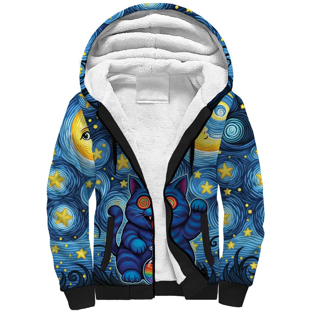 Trippy Cat and Owl Sherpa Hoodie Starry Psychedelic Vibes - Wonder Print Shop