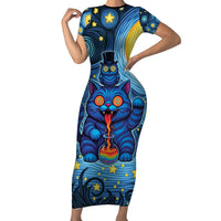 Trippy Cat and Owl Short Sleeve Bodycon Dress Starry Psychedelic Vibes - Wonder Print Shop