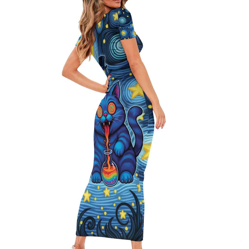 Trippy Cat and Owl Short Sleeve Bodycon Dress Starry Psychedelic Vibes - Wonder Print Shop