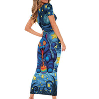 Trippy Cat and Owl Short Sleeve Bodycon Dress Starry Psychedelic Vibes - Wonder Print Shop