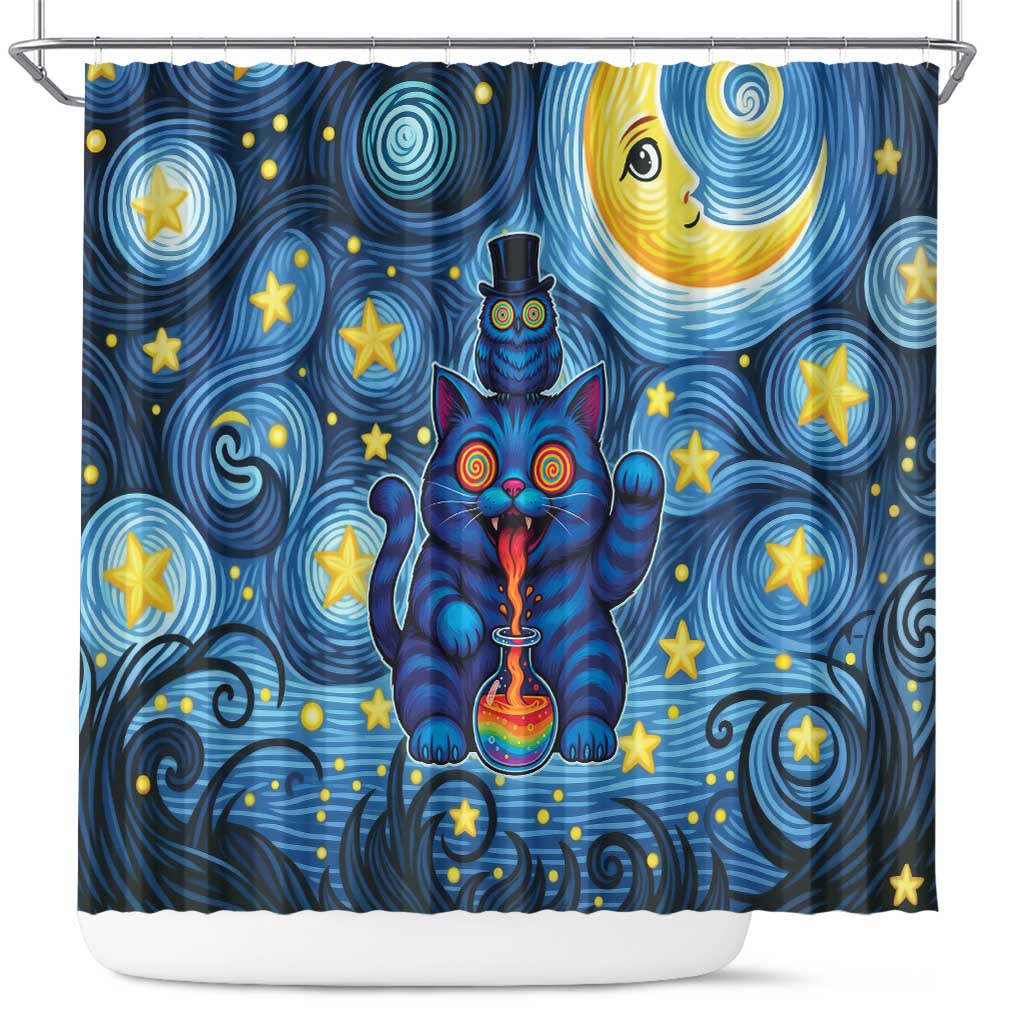 Trippy Cat and Owl Shower Curtain Starry Psychedelic Vibes - Wonder Print Shop