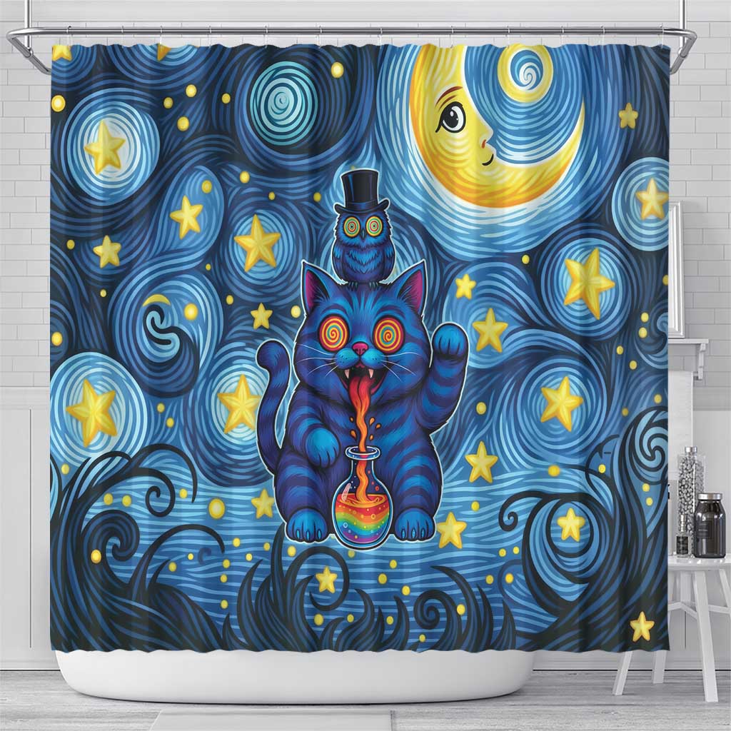 Trippy Cat and Owl Shower Curtain Starry Psychedelic Vibes - Wonder Print Shop