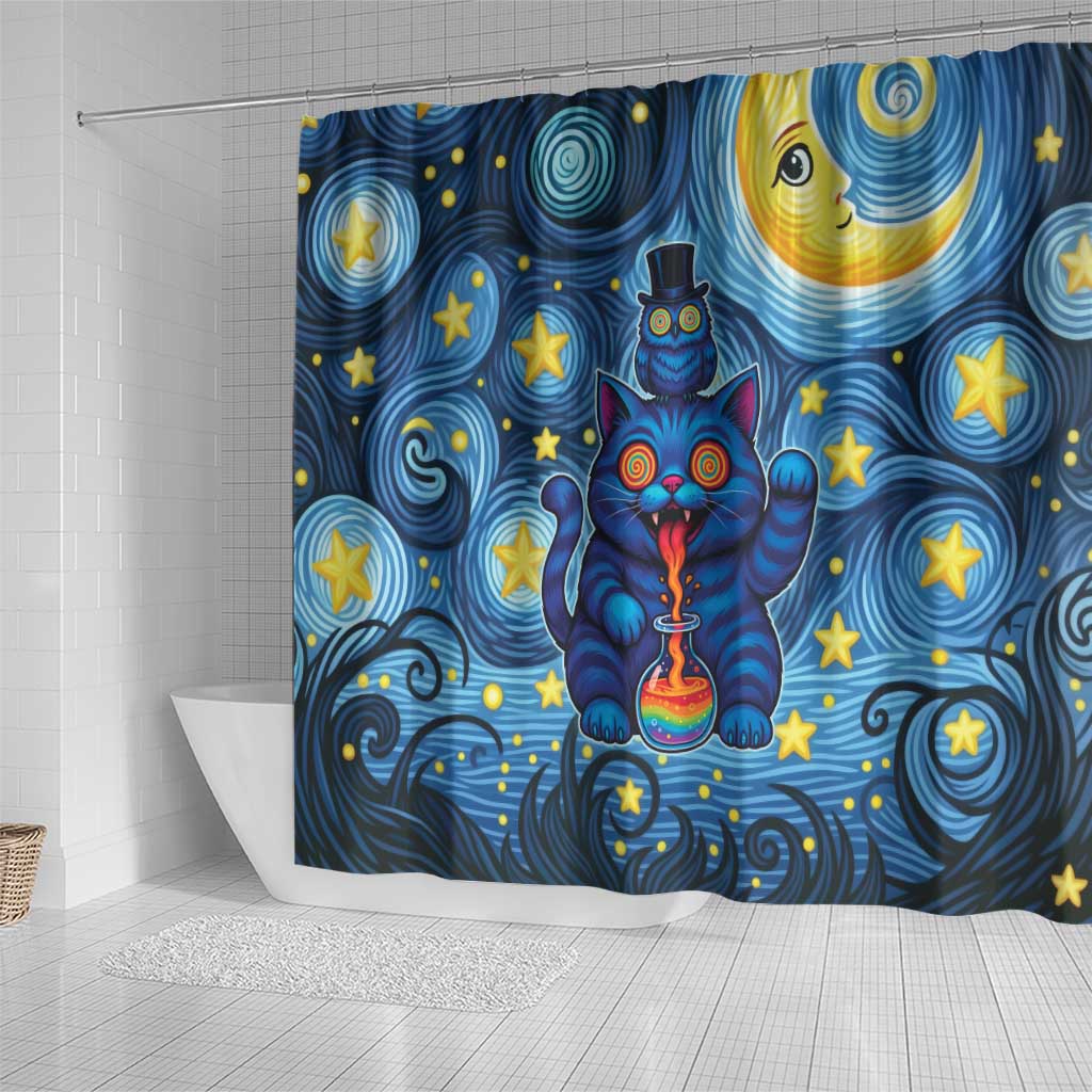 Trippy Cat and Owl Shower Curtain Starry Psychedelic Vibes - Wonder Print Shop