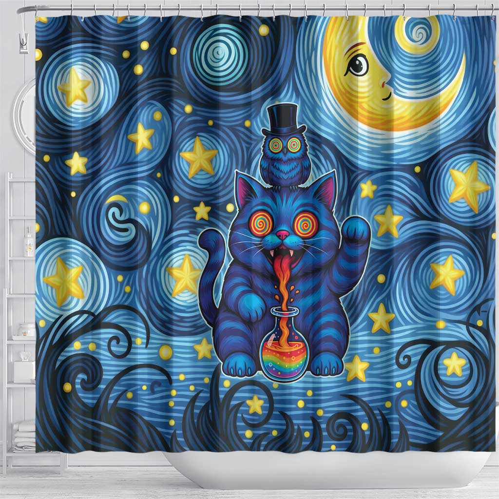 Trippy Cat and Owl Shower Curtain Starry Psychedelic Vibes - Wonder Print Shop