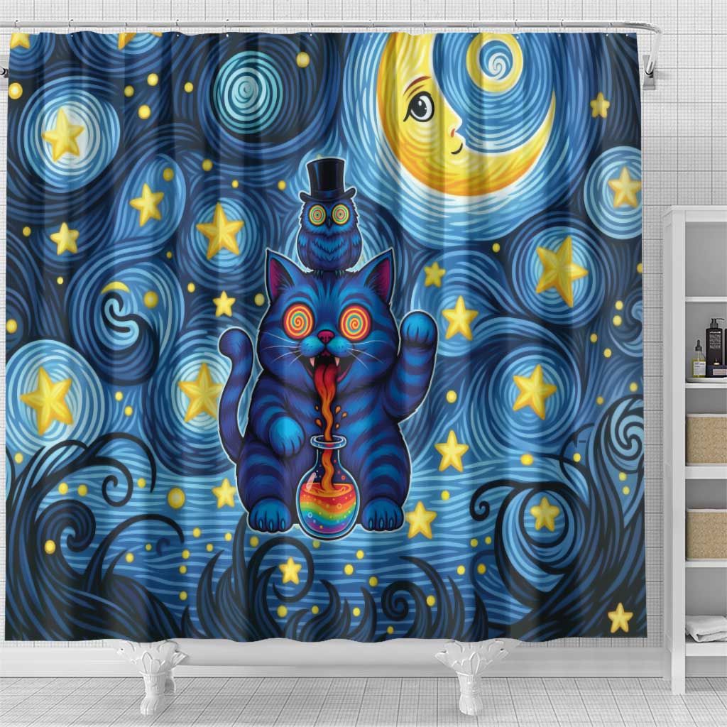 Trippy Cat and Owl Shower Curtain Starry Psychedelic Vibes - Wonder Print Shop