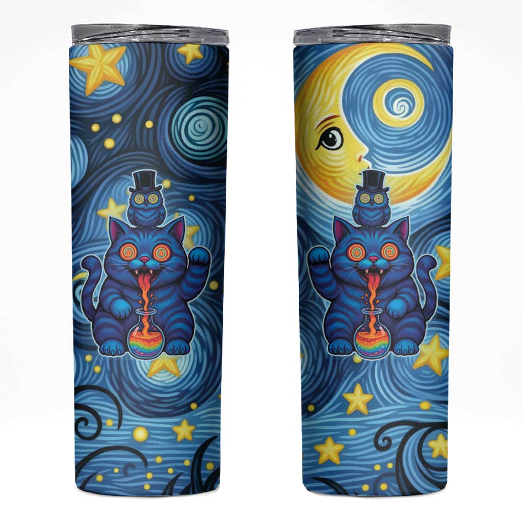 Trippy Cat and Owl Skinny Tumbler Starry Psychedelic Vibes - Wonder Print Shop