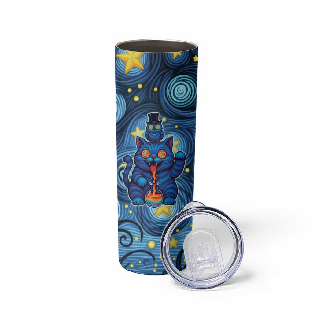 Trippy Cat and Owl Skinny Tumbler Starry Psychedelic Vibes - Wonder Print Shop