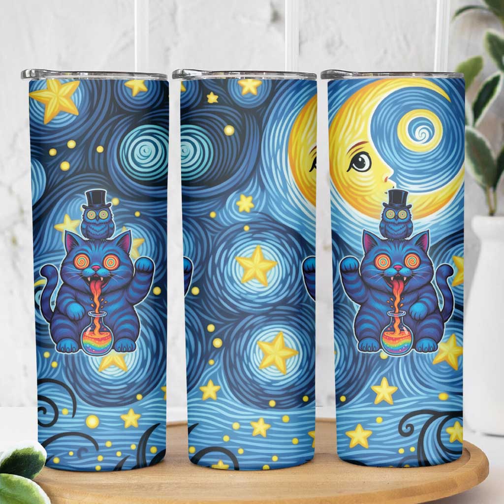 Trippy Cat and Owl Skinny Tumbler Starry Psychedelic Vibes - Wonder Print Shop