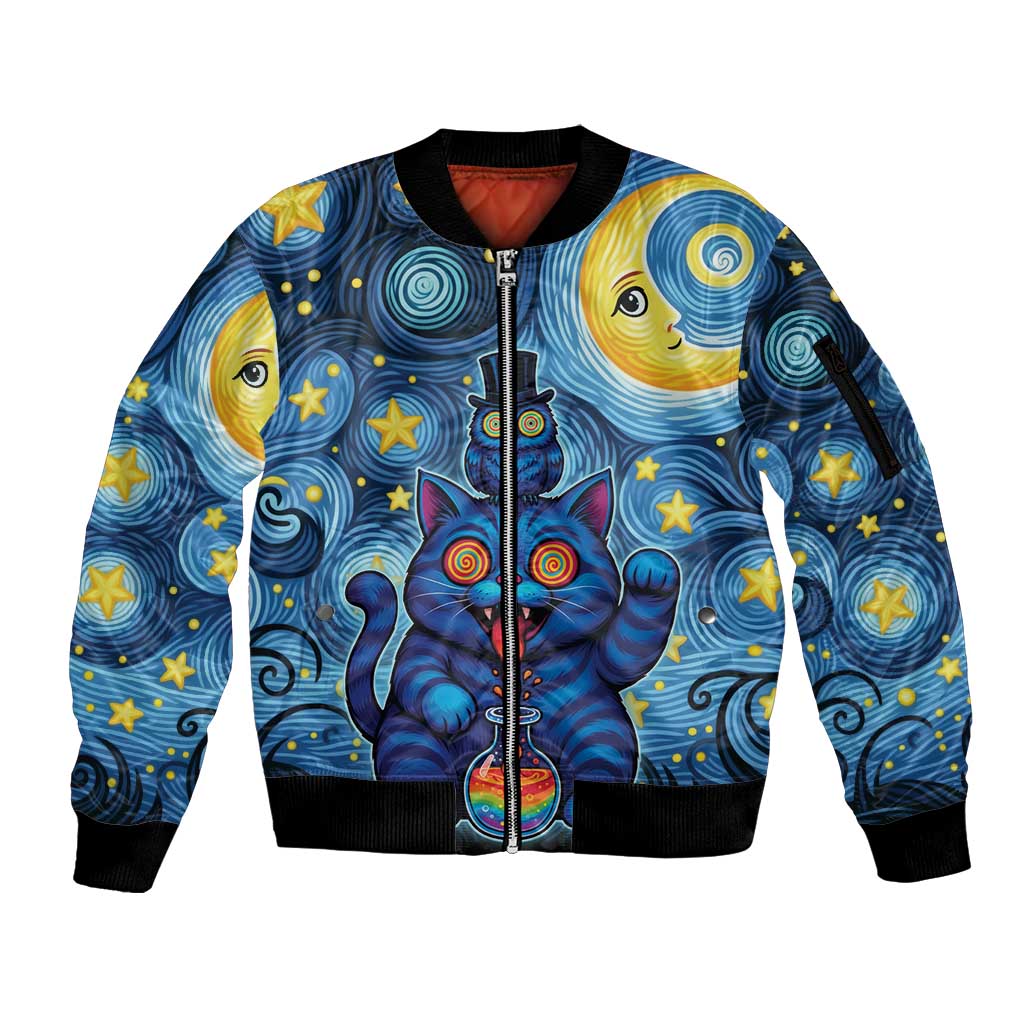Trippy Cat and Owl Sleeve Zip Bomber Jacket Starry Psychedelic Vibes - Wonder Print Shop