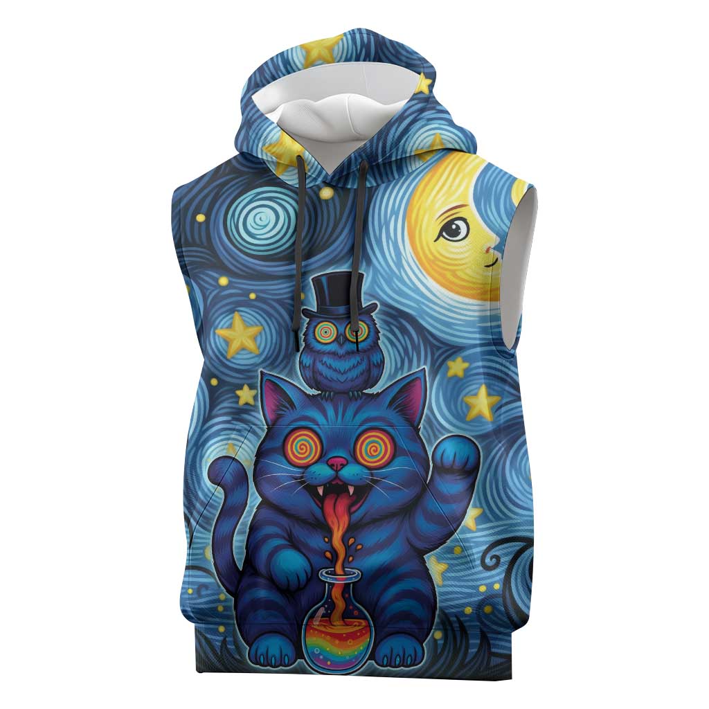 Trippy Cat and Owl Sleeveless Hoodie Starry Psychedelic Vibes - Wonder Print Shop