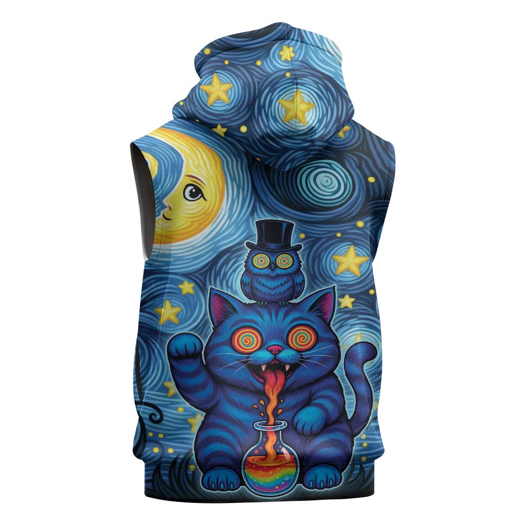 Trippy Cat and Owl Sleeveless Hoodie Starry Psychedelic Vibes - Wonder Print Shop