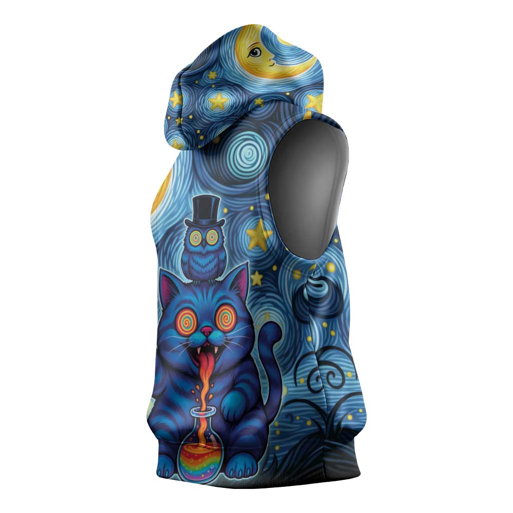 Trippy Cat and Owl Sleeveless Hoodie Starry Psychedelic Vibes - Wonder Print Shop
