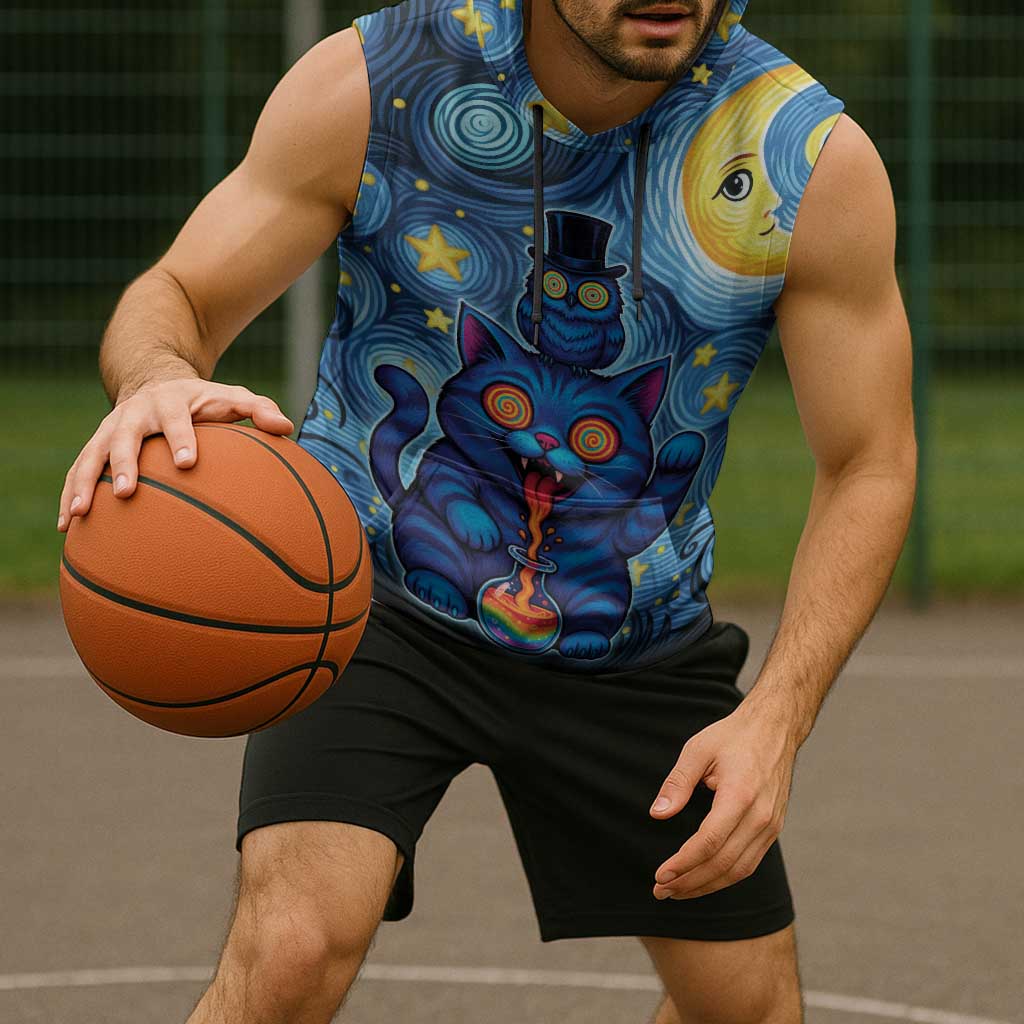 Trippy Cat and Owl Sleeveless Hoodie Starry Psychedelic Vibes - Wonder Print Shop