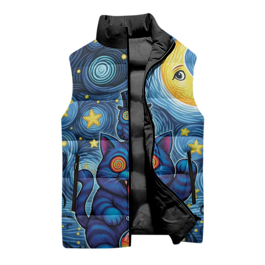 Trippy Cat and Owl Sleeveless Puffer Jacket Starry Psychedelic Vibes - Wonder Print Shop