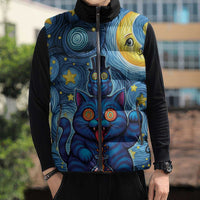 Trippy Cat and Owl Sleeveless Puffer Jacket Starry Psychedelic Vibes - Wonder Print Shop