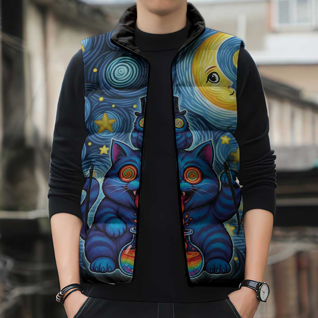 Trippy Cat and Owl Sleeveless Puffer Jacket Starry Psychedelic Vibes - Wonder Print Shop