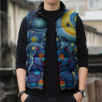 Trippy Cat and Owl Sleeveless Puffer Jacket Starry Psychedelic Vibes - Wonder Print Shop