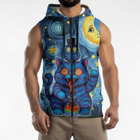 Trippy Cat and Owl Sleeveless Zip Hoodie Starry Psychedelic Vibes - Wonder Print Shop
