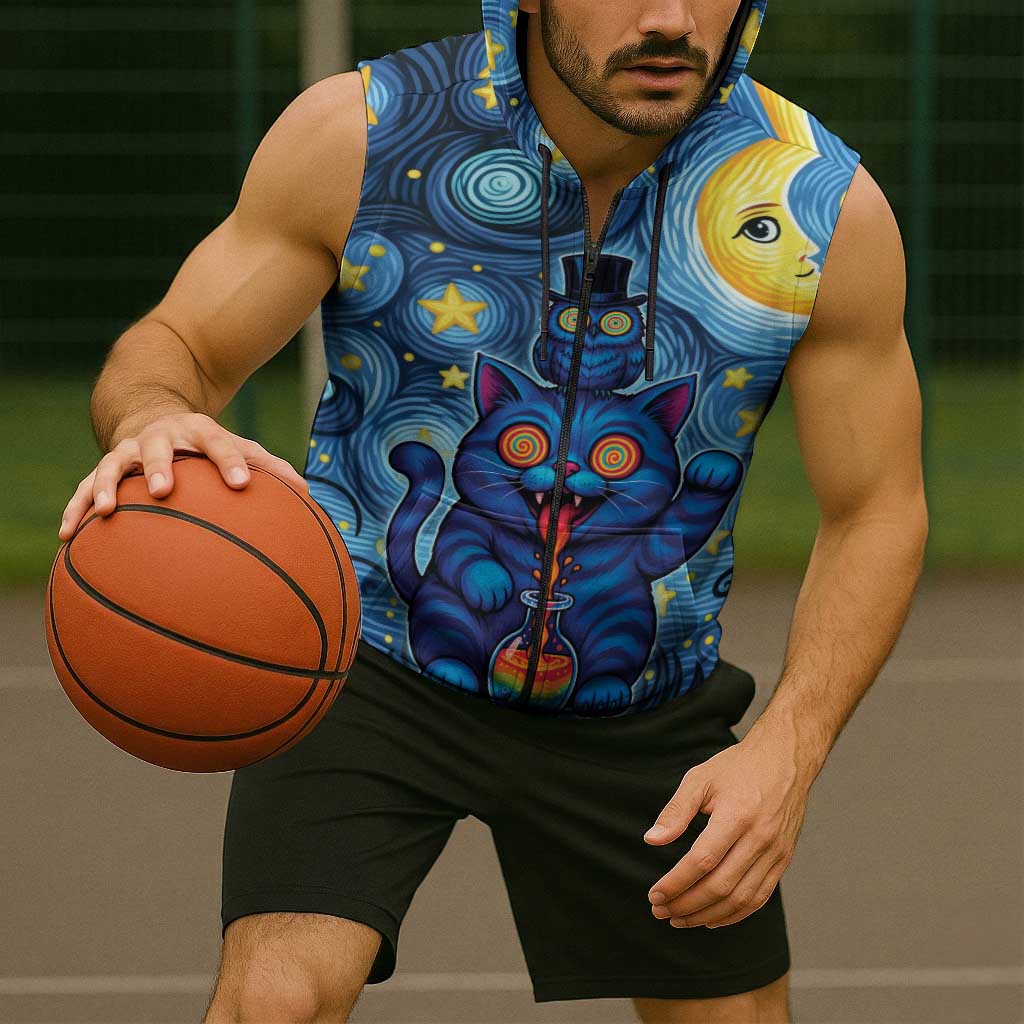 Trippy Cat and Owl Sleeveless Zip Hoodie Starry Psychedelic Vibes - Wonder Print Shop