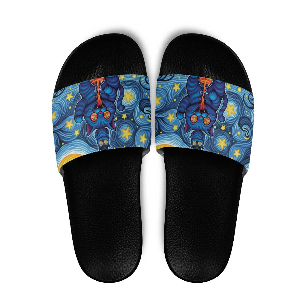 Trippy Cat and Owl Slide Sandals Starry Psychedelic Vibes - Wonder Print Shop
