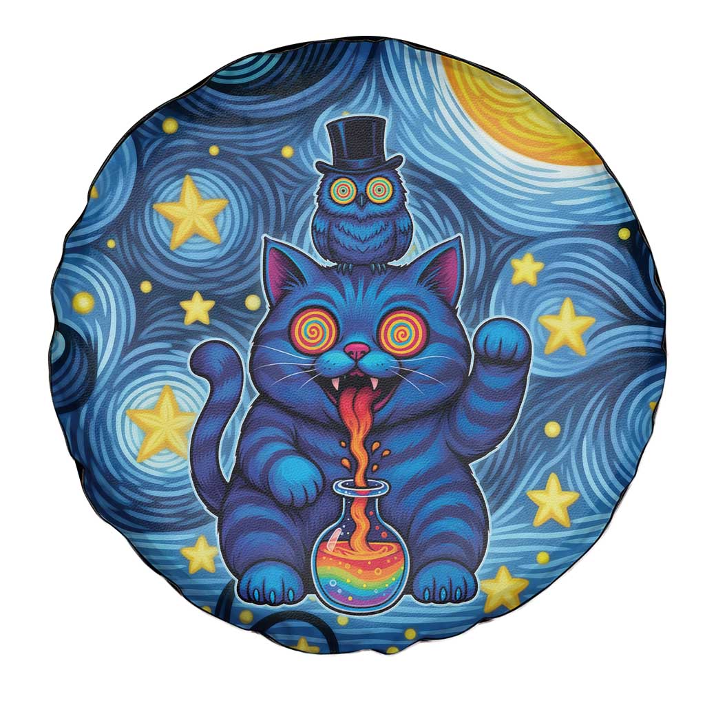 Trippy Cat and Owl Spare Tire Cover Starry Psychedelic Vibes - Wonder Print Shop