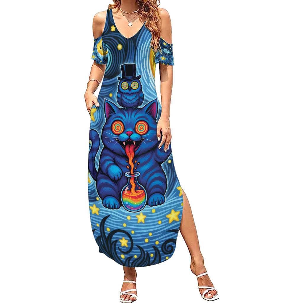 Trippy Cat and Owl Summer Maxi Dress Starry Psychedelic Vibes - Wonder Print Shop