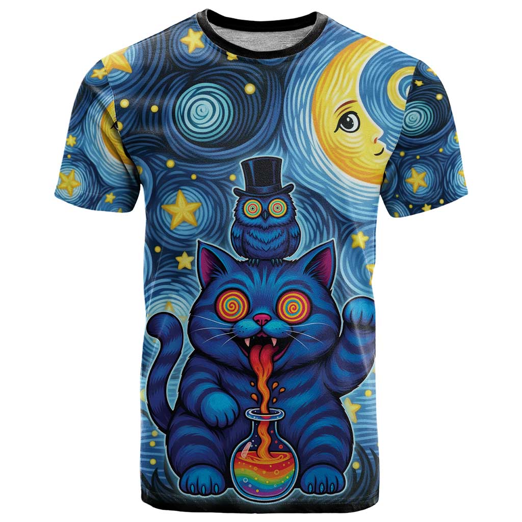 Trippy Cat and Owl T Shirt Starry Psychedelic Vibes - Wonder Print Shop