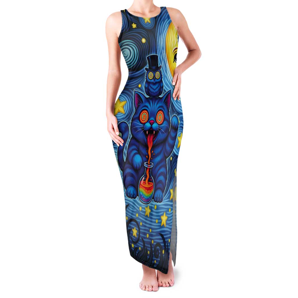 Trippy Cat and Owl Tank Maxi Dress Starry Psychedelic Vibes - Wonder Print Shop