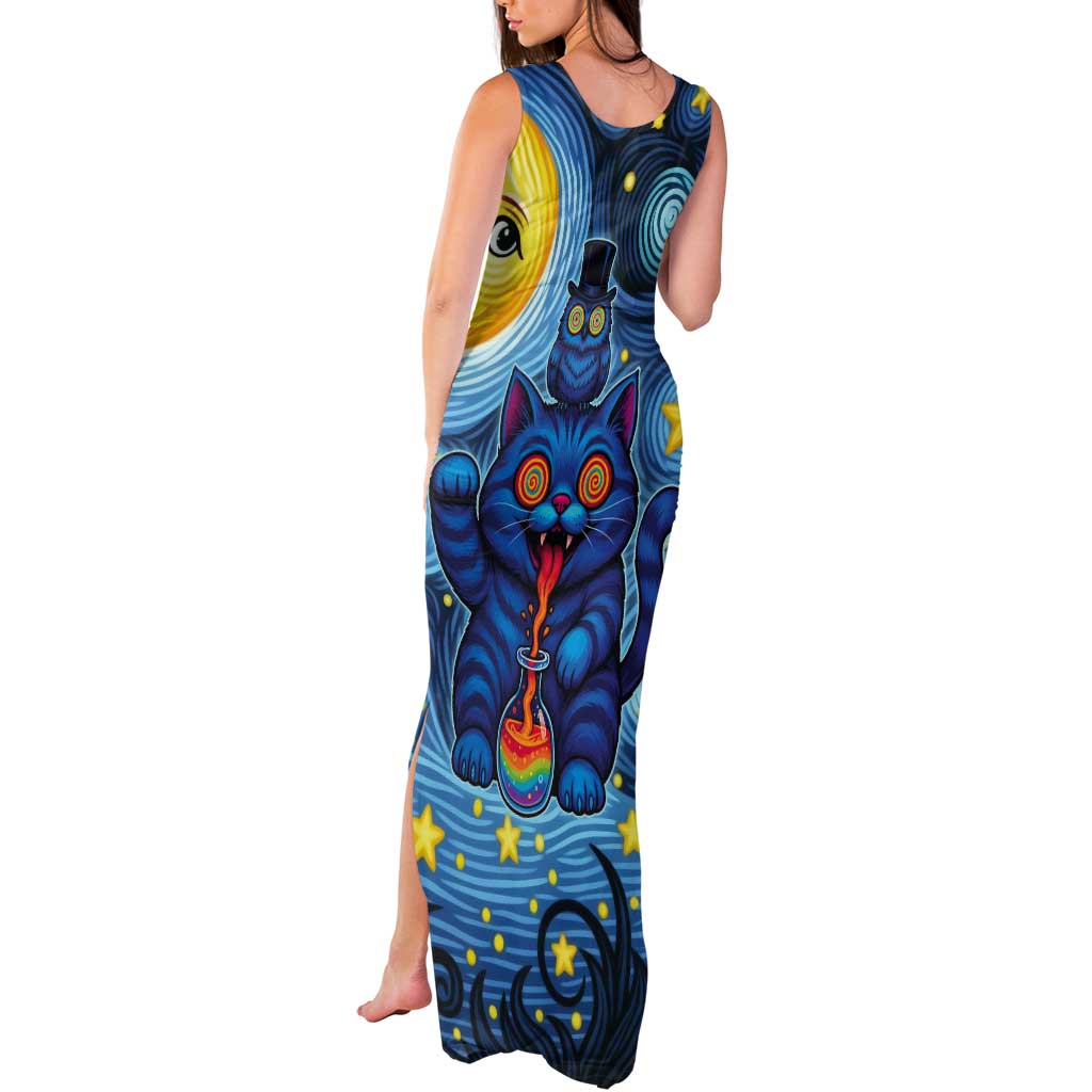 Trippy Cat and Owl Tank Maxi Dress Starry Psychedelic Vibes - Wonder Print Shop