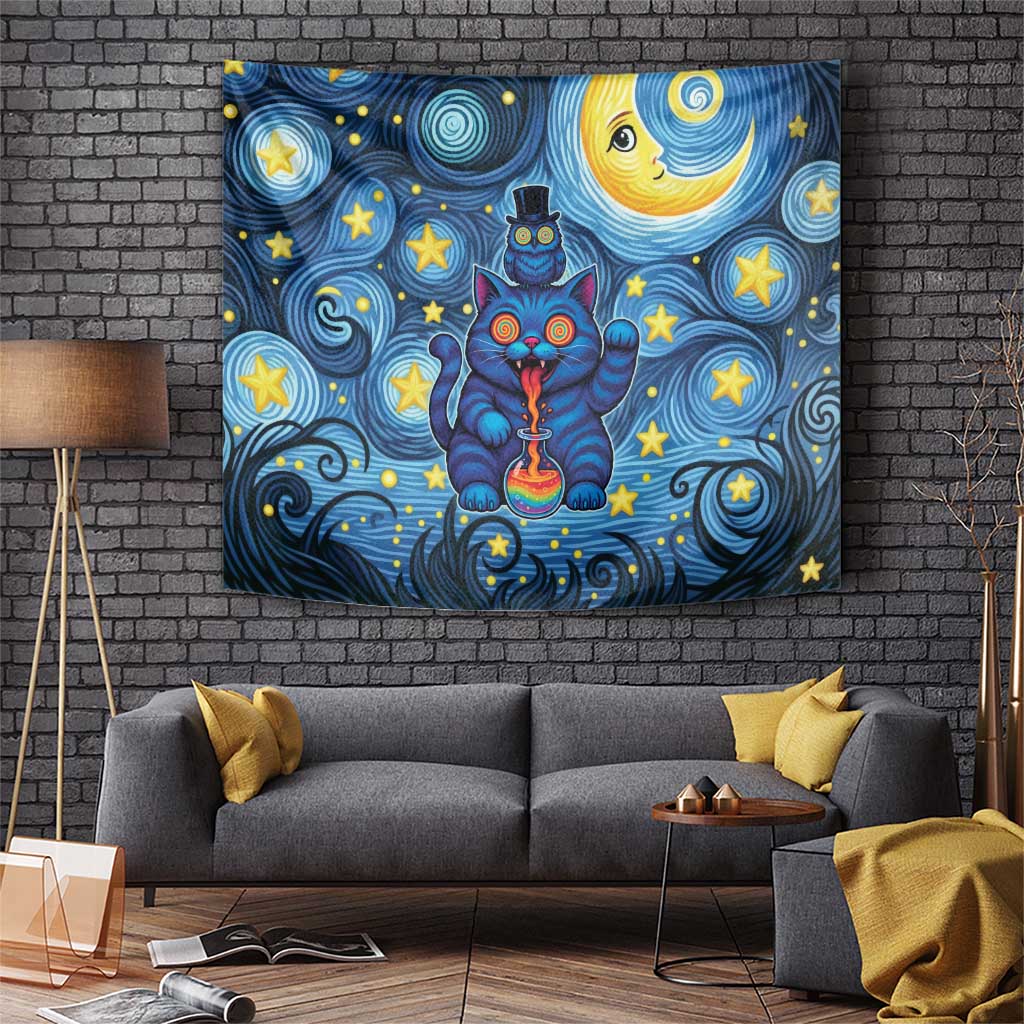 Trippy Cat and Owl Tapestry Starry Psychedelic Vibes - Wonder Print Shop