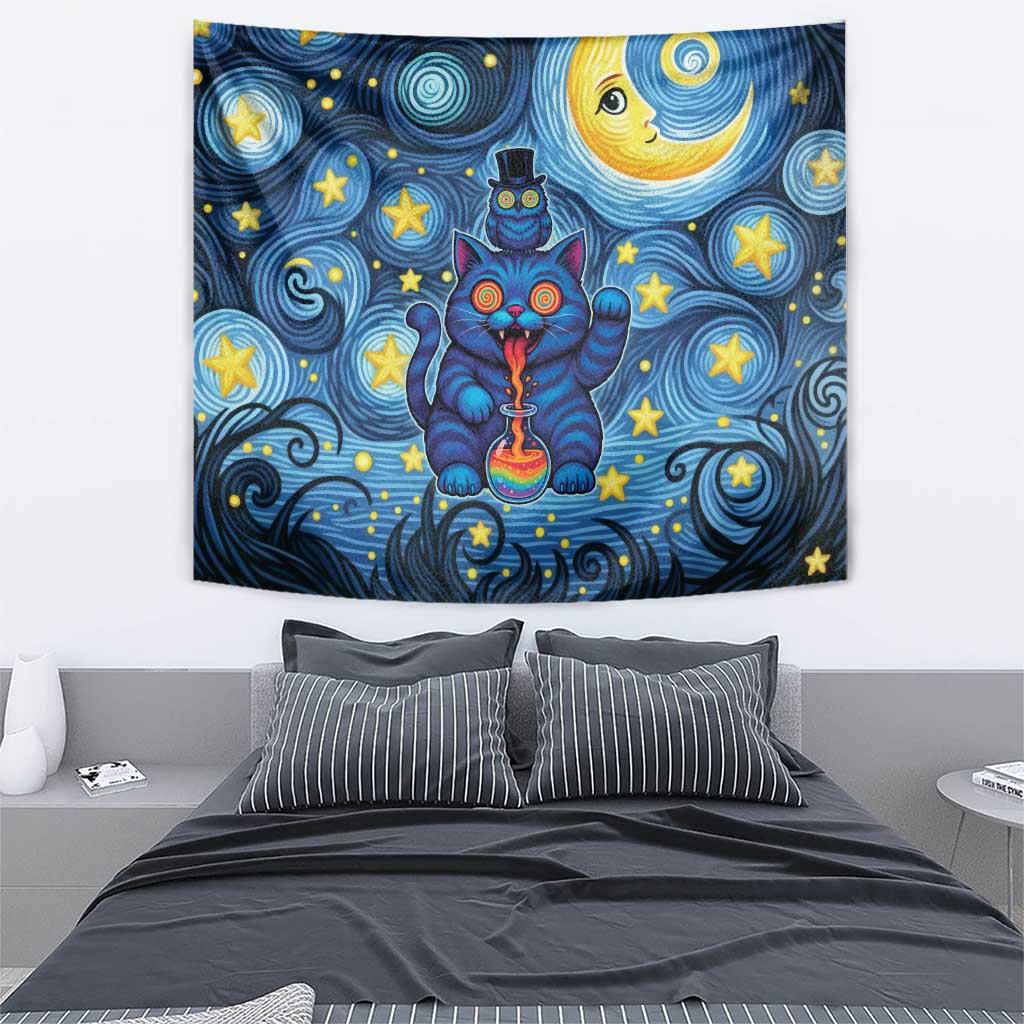 Trippy Cat and Owl Tapestry Starry Psychedelic Vibes - Wonder Print Shop