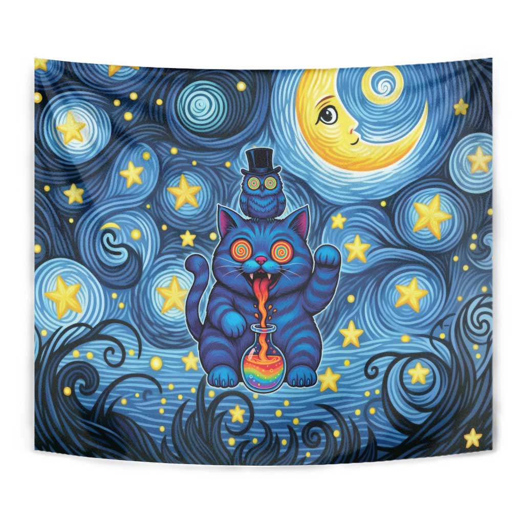 Trippy Cat and Owl Tapestry Starry Psychedelic Vibes - Wonder Print Shop
