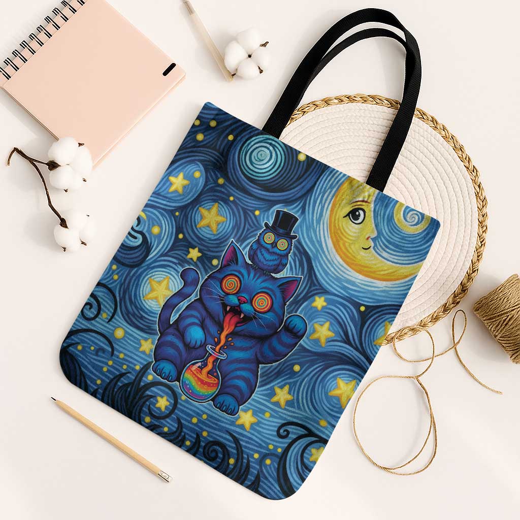 Trippy Cat and Owl Tote Bag Starry Psychedelic Vibes - Wonder Print Shop