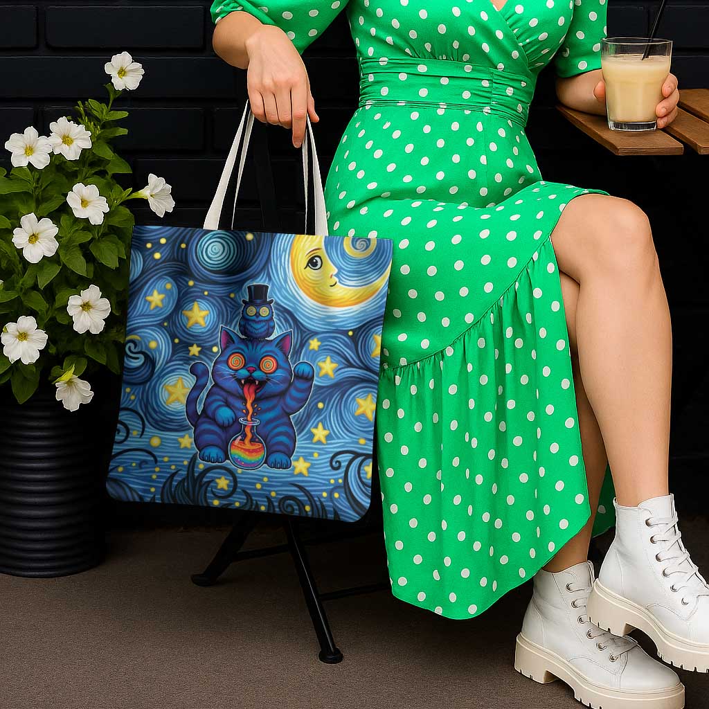 Trippy Cat and Owl Tote Bag Starry Psychedelic Vibes - Wonder Print Shop
