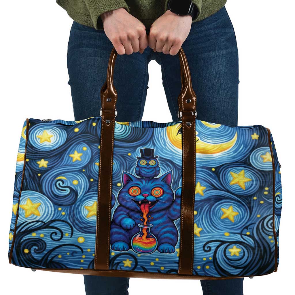 Trippy Cat and Owl Travel Bag Starry Psychedelic Vibes - Wonder Print Shop