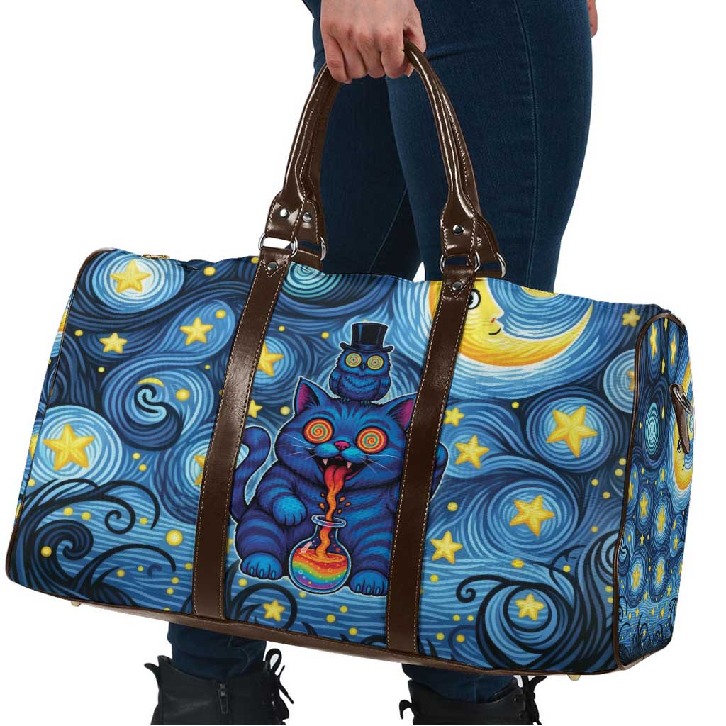 Trippy Cat and Owl Travel Bag Starry Psychedelic Vibes - Wonder Print Shop