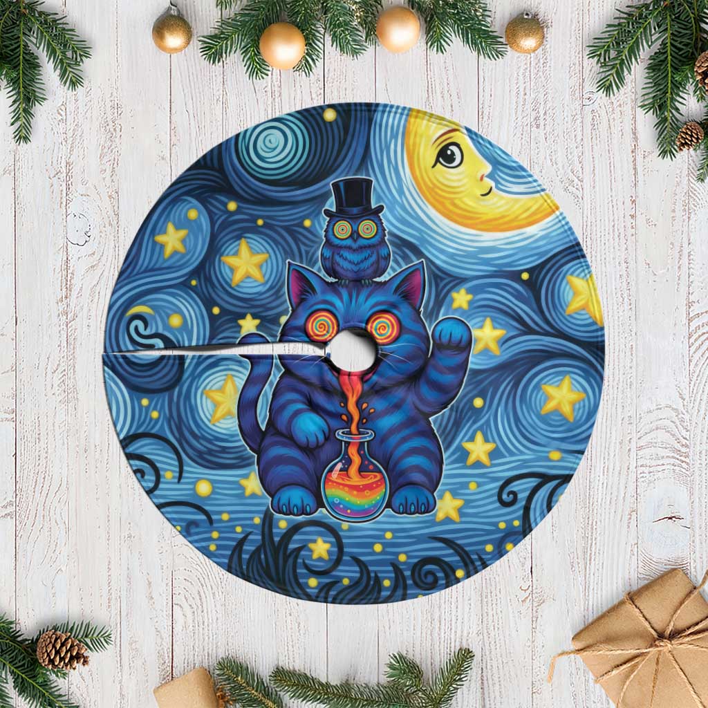 Trippy Cat and Owl Tree Skirt Starry Psychedelic Vibes - Wonder Print Shop