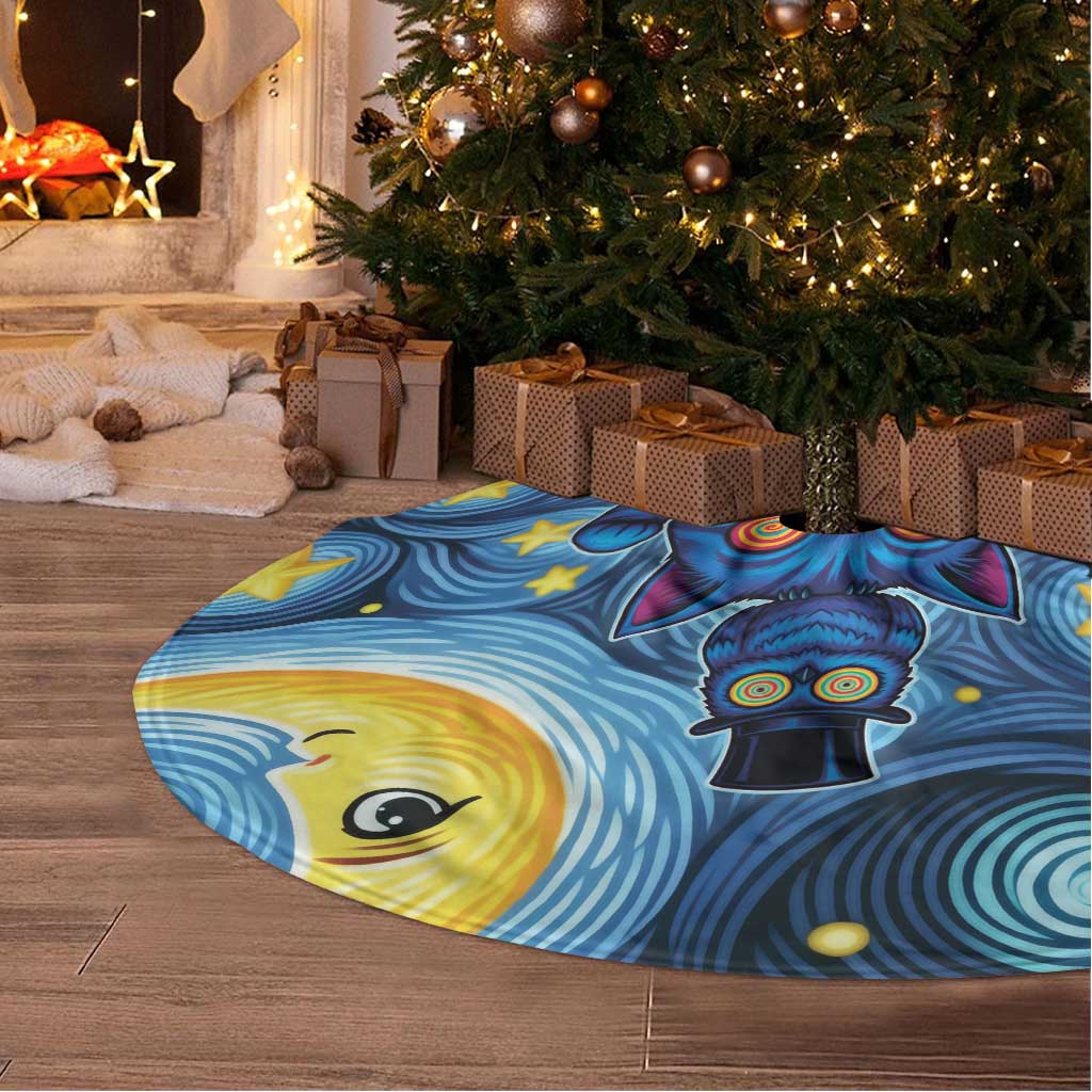 Trippy Cat and Owl Tree Skirt Starry Psychedelic Vibes - Wonder Print Shop