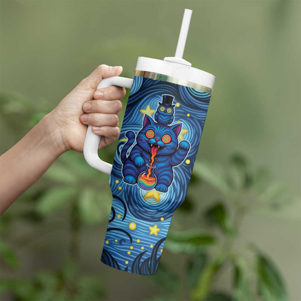 Trippy Cat and Owl Tumbler With Handle Starry Psychedelic Vibes - Wonder Print Shop