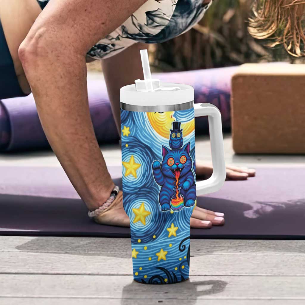 Trippy Cat and Owl Tumbler With Handle Starry Psychedelic Vibes - Wonder Print Shop