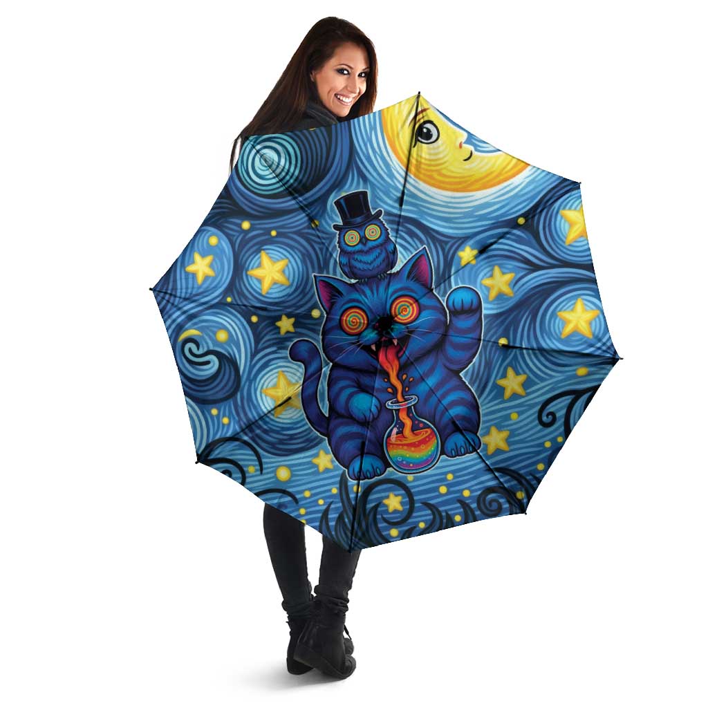 Trippy Cat and Owl Umbrella Starry Psychedelic Vibes - Wonder Print Shop